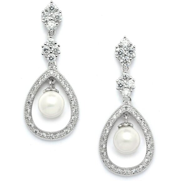 Glamorous Vintage Pearl CZ Wedding Dangle Earrings for Bride & Bridesmaid